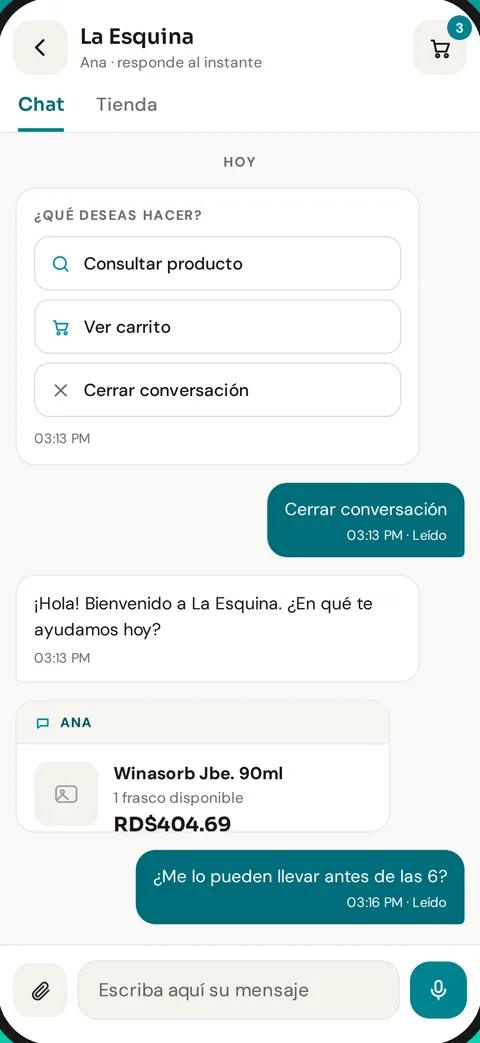 Conversación con La Esquina: opciones rápidas y un producto con su precio