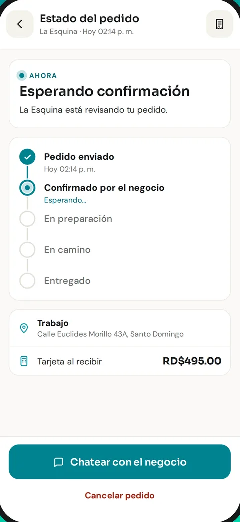Estado del pedido paso a paso, con la dirección y el total